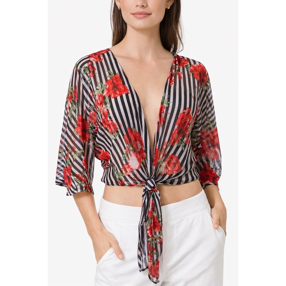 Chroma Tale Floral Stripe Tie Front Top Sheer Mesh‎ 3/4 Sleeve S Y2K